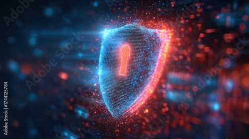 A digital shield graphic with a glowing lock symbol, representing cybersecurity and data protection in a futuristic environment.