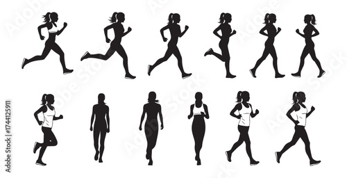 Silhouettes of women running and jogging in various poses for fitness and sports