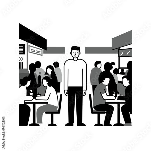 Man standing in a busy cafe surrounded by people at tables  