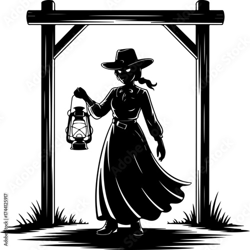 Mysterious Silhouette Cowgirl in Darkness Holding a Lantern under Wooden Arch