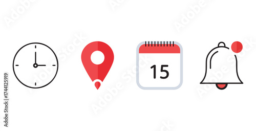 Clock location calendar bell icons for time meeting reminder notification and navigation app elements