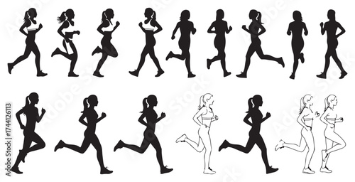 Dynamic collection of silhouettes and outlines of women running in various poses
