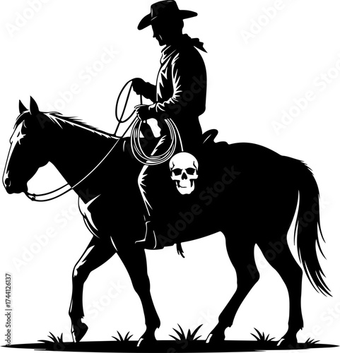 Silhouette of a cowboy riding a horse with a skull on its flank