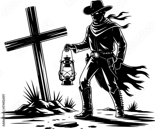 Shadowy western character holding a glowing lantern investigates a solitary cross in a desolate land, evoking mystery and reflection