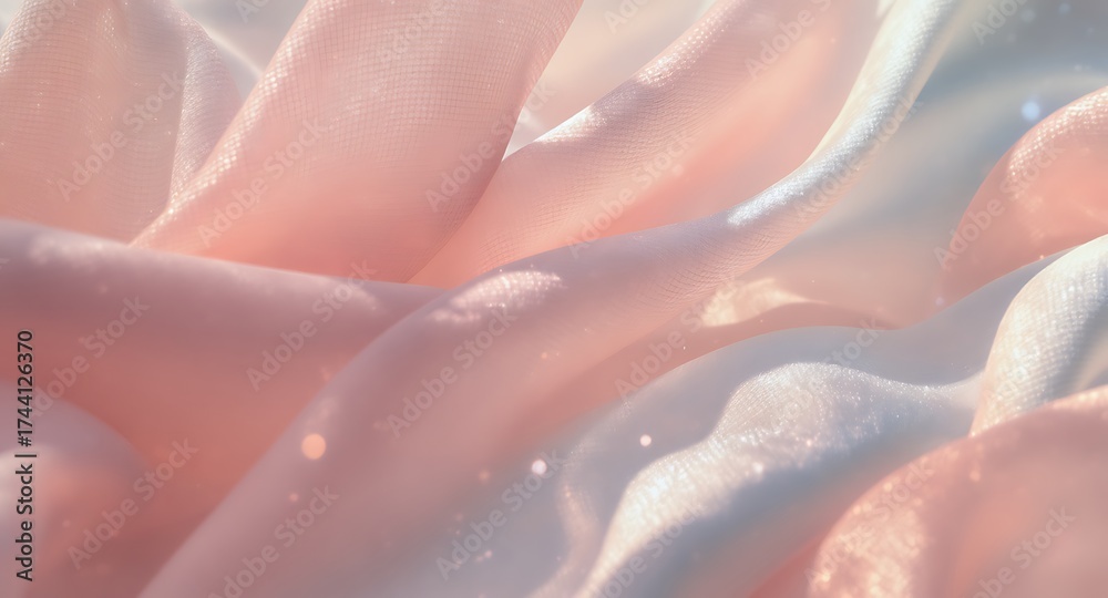 Fototapeta premium Close-up of soft pink and white satin fabric texture with flowing folds