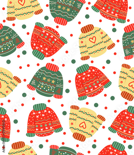 Pattern of different sweaters on a white background.