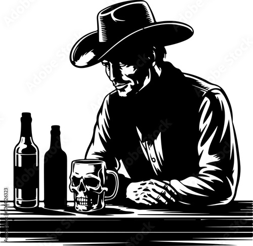 Cowboy with skull mug and bottles on a bar, western saloon illustration