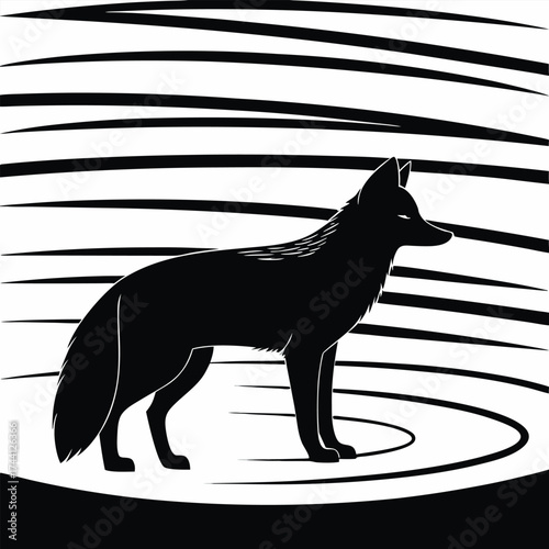 Striking silhouette fox observes its surroundings amid abstract lines and concentric circles