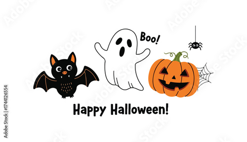 Cute happy halloween ghost bat pumpkin spider festive celebration art graphic