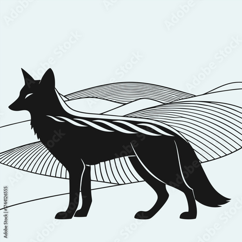 Stylized black fox stands against wavy landscape background with line art detail creating depth