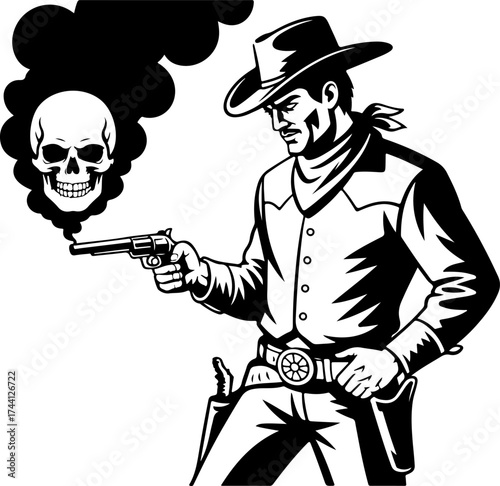 Cowboy with Revolver, Skull-Shaped Smoke Emanating from Barrel