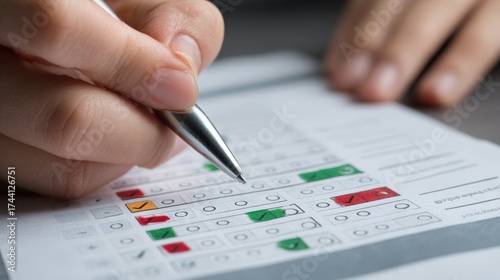 Medium shot showing a person selecting answers on a scaled survey form highlighting rating options for measuring intensity or agreement levels.