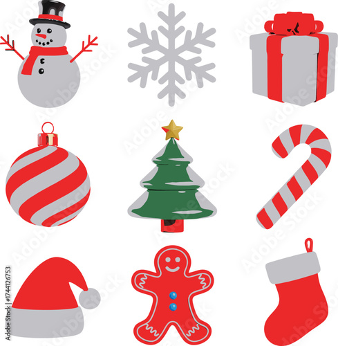 Christmas icon set with snowman, snowflake, gift, ornament, tree, candy, Santa hat, gingerbread, and stocking illustration