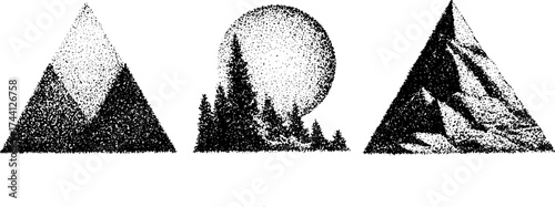 Dotwork stipple illustration set with rotating circle and mountain scenes for artistic design