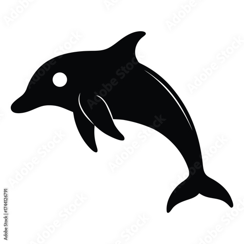 Black dolphin silhouette leaping with a white eye on white jumping ocean