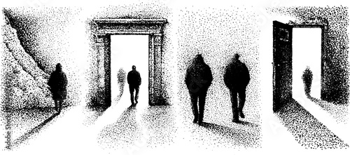 Abstract dotwork shadows walking through doorways illustration set