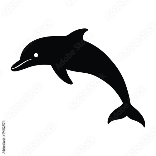 Black silhouette of a leaping dolphin with a white eye on a white background jumping 1