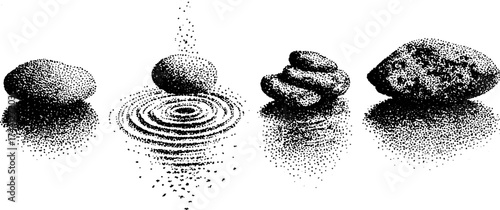 Stipple dotwork art of single stones with ripple effect for design and print