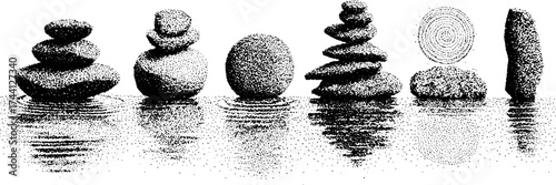 Intricate dotwork stipple illustration of single stones for artistic and design purposes