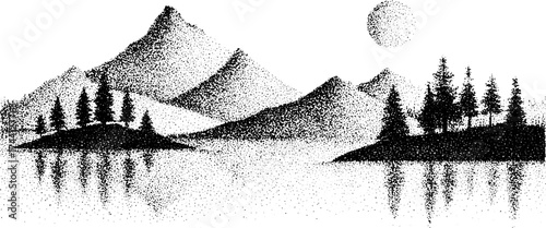 Serene mountain landscape with dotwork stippling technique for artistic design