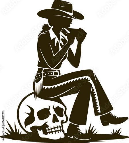 Cowgirl playing harmonica on a skull, a western silhouette evoking a desert serenade