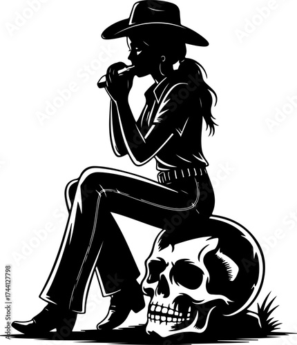 Cowgirl Sitting on Skull Contemplating with Harmonica in Silhouette Style