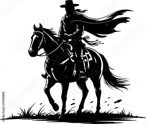A Silhouette of a Rider and Horse, Western Adventure or Historical Symbol in Black and White