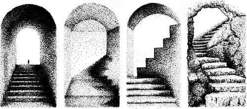 Intricate stipple dotwork stairway designs for architectural inspiration