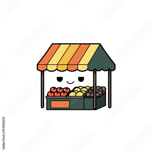 Cartoon fruit market stall with colorful awning and smiling face  