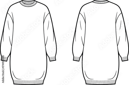 Front and Back Technical Sketch of Oversized Sweater Dress with Crew Neckline, Dropped Shoulders, Long Sleeves, Ribbed Cuffs, and Ribbed Hemline for Fashion Illustration