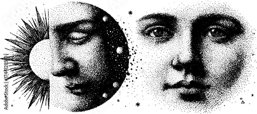 Celestial harmony: detailed dotwork stippling of sun and moon for design projects