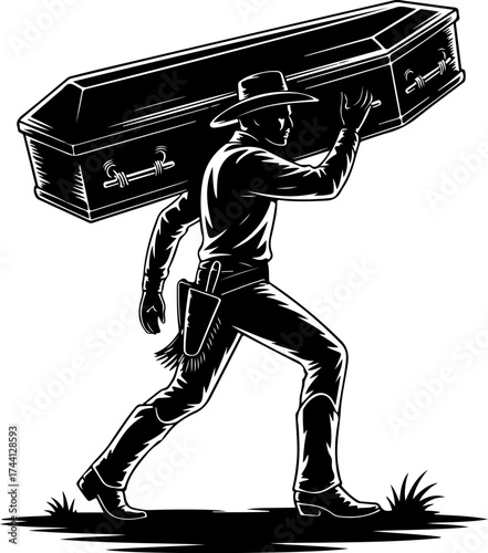 Cowboy Carrying Coffin Across Grassy Field - Western Themed Illustration