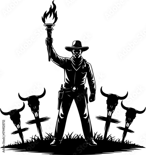Defiant Western figure raises a blazing torch amidst skull markers, symbolizing rugged frontier resolve