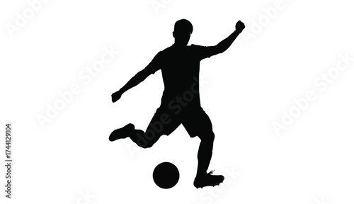 Dynamic silhouette of a soccer player kicking ball in mid action sport graphic