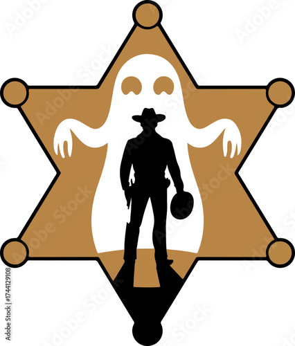 Silhouette of a cowboy sheriff with a ghost behind him on a star badge