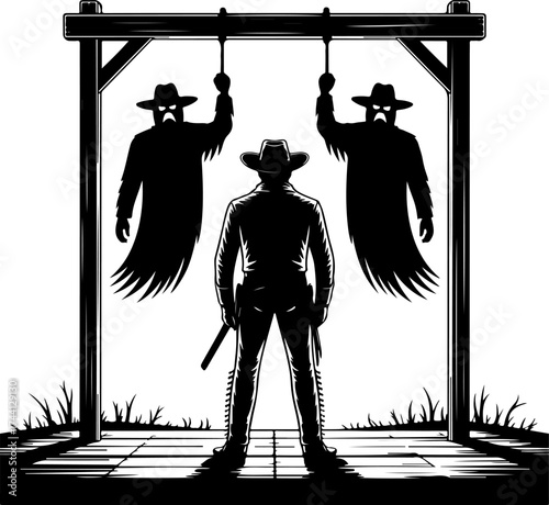 Mysterious Cowboy Faces Haunting Shadows of Executed Men Beneath a Grim Old West Gallows