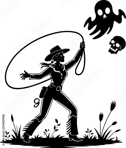 Cowgirl Lassoing Ghosts and Skulls in Spooky Halloween Scene with Silhouette