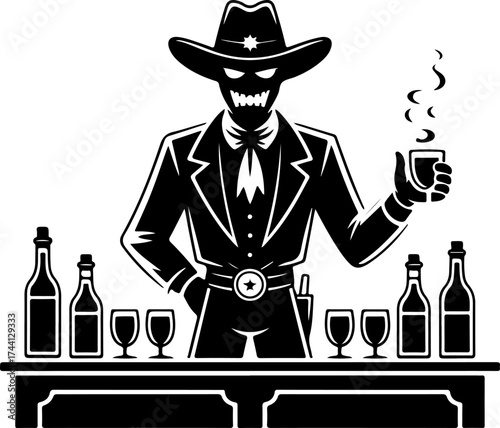 Intriguing concept illustration of a shadowy barman serving enigmatic beverages in a dark saloon setting