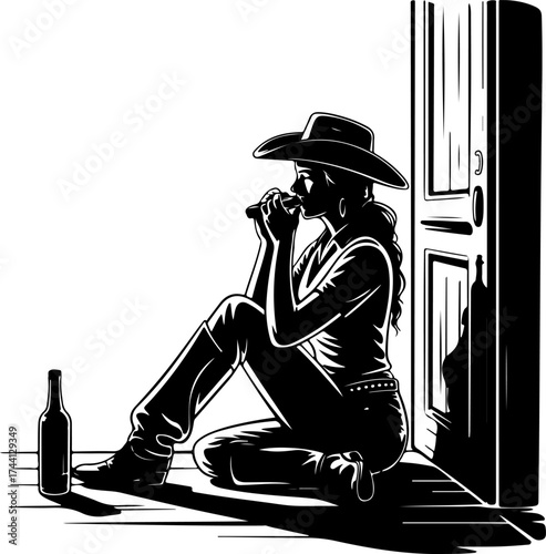 Evocative black and white scene of a pensive cowgirl playing a harmonica while seated by an open door