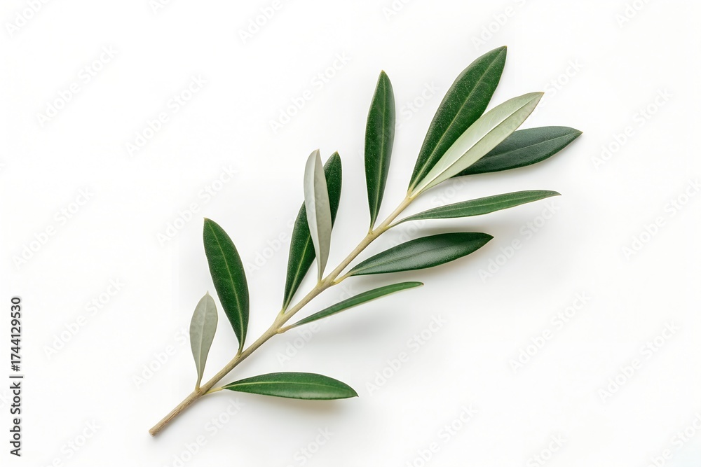 Fototapeta premium Olive Branch with Green Leaves on a White Background Top View Studio Shot