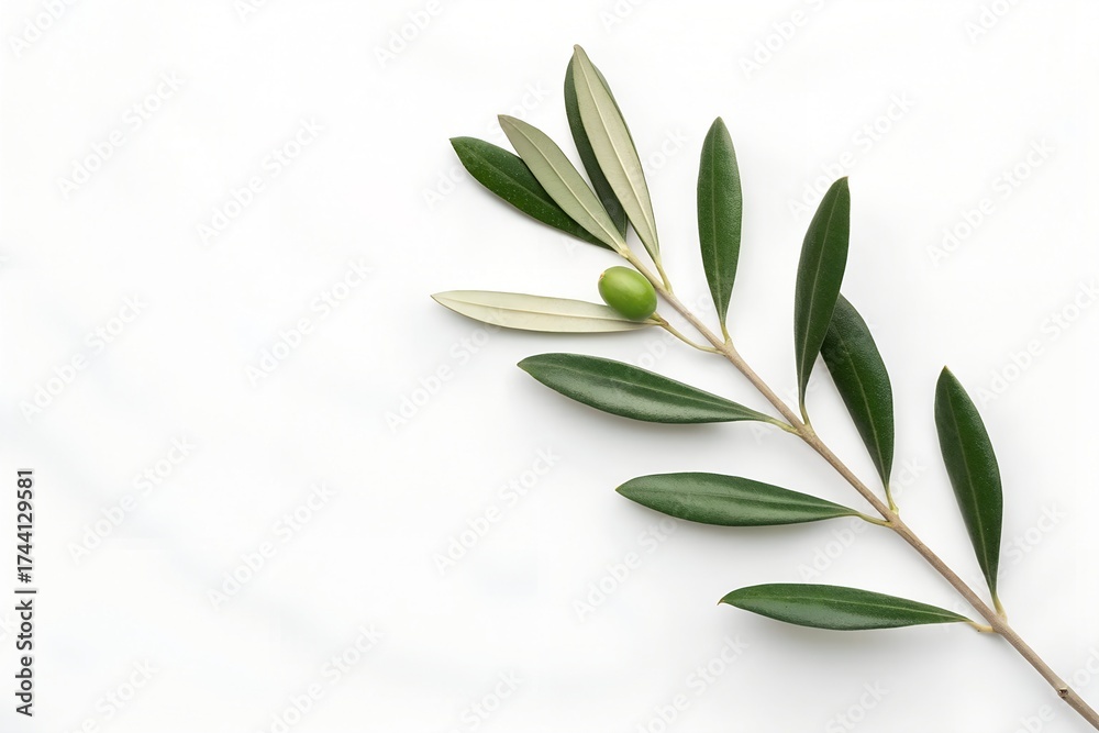 Fototapeta premium Olive Branch with Green Olives on White Marble Surface Close Up