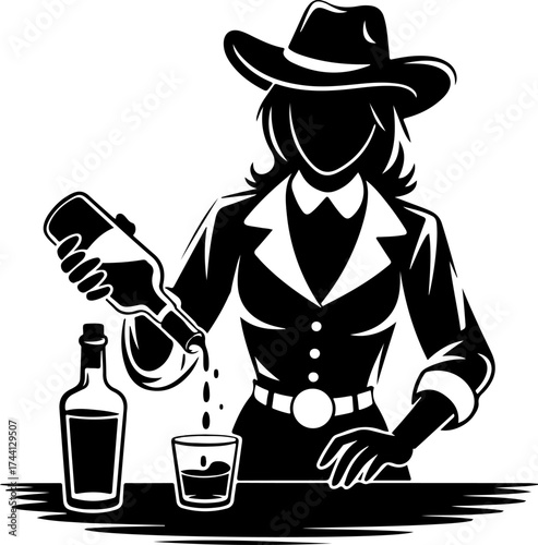 Cowgirl Pouring Drink into Glass - Silhouette Vector Illustration