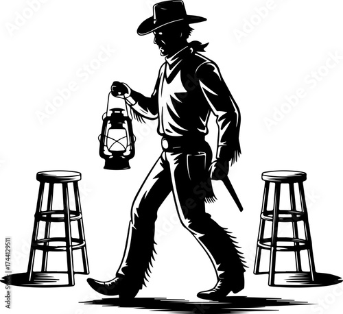 Silhouette Cowboy with Lantern and Stools A Western-Themed Illustration for Various Designs