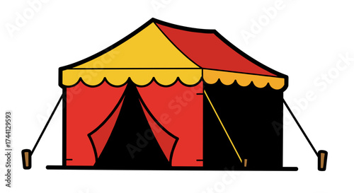 Colorful circus tent with red and yellow canopy and open entrance  