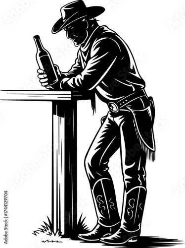 Cowboy Silhouette Leaning on Wooden Bar Post with Bottle in Hand
