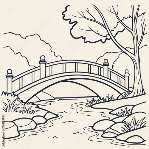 Arch bridge over a stream in a park with trees and rocks