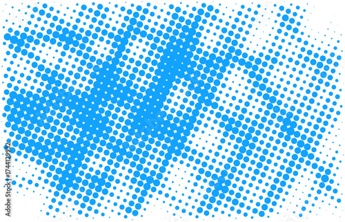 Bold blue halftone dots forming an abstract pattern on white background. Vector illustration with dynamic comic-style flair.