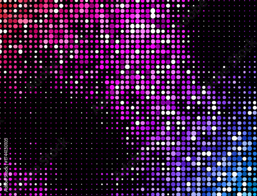 Diagonal wave of vibrant halftone dots in pink, purple, and blue over black. A bold, digital-style vector background perfect for retro, tech, or pop-art designs.