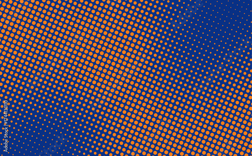 Diagonal halftone dot pattern with vibrant orange dots on a navy background, evoking a bold retro pop art style. Vector illustration.