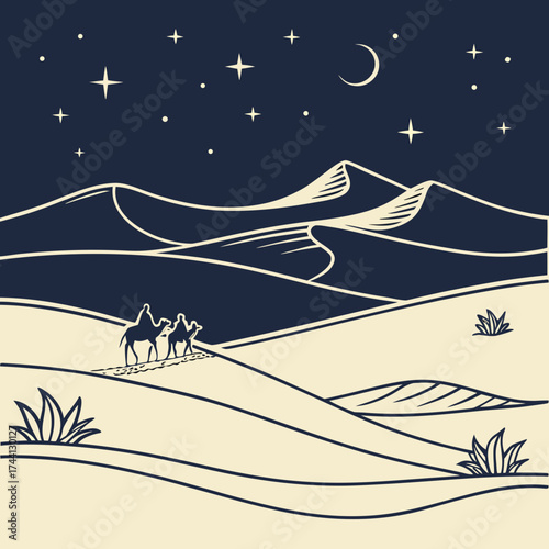 Caravan of camels traveling through desert dunes under a starry night sky